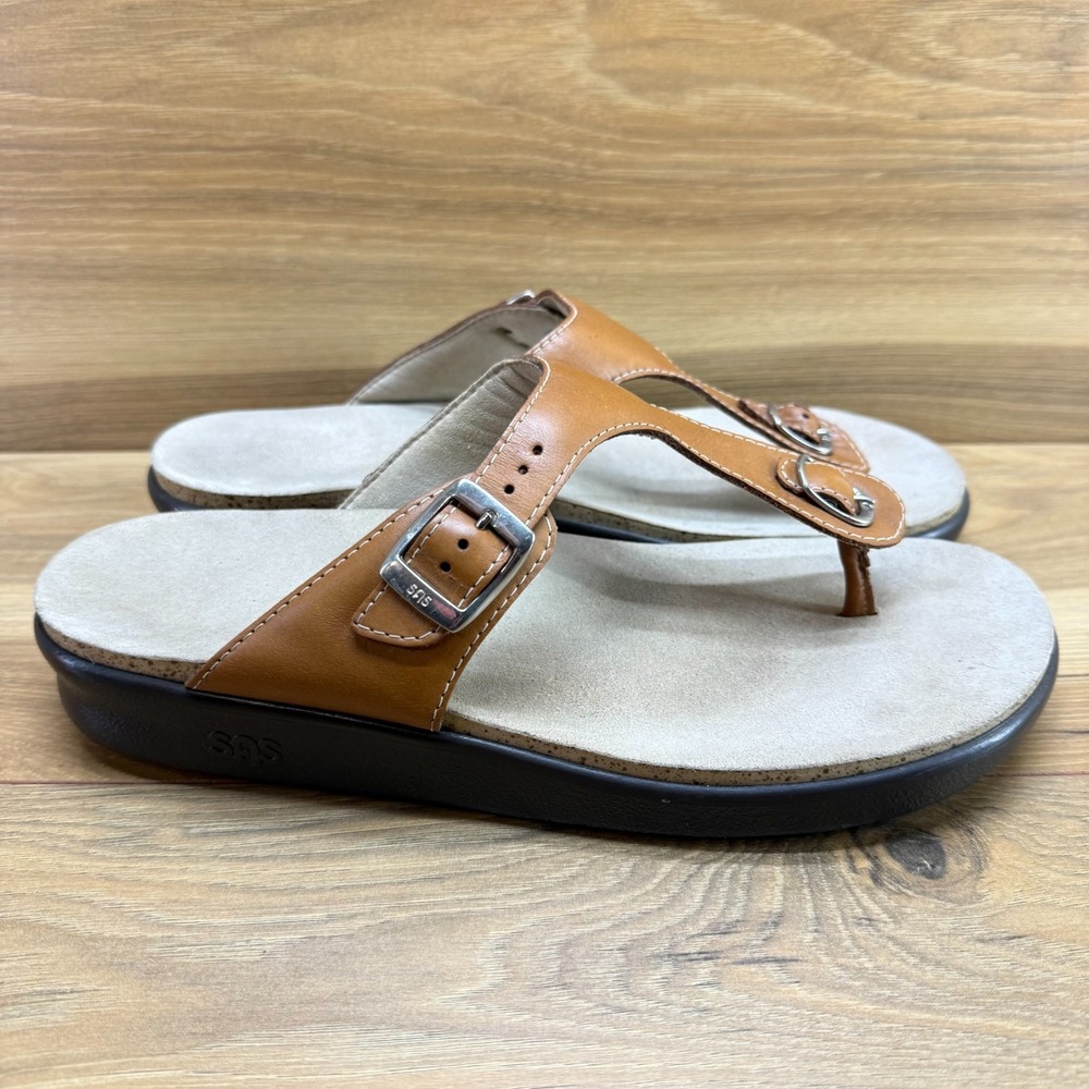 SAS Sanibel Flip Flop Sandals Womens 11 M Caramel Tan Leather Walking Comfort